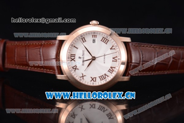 Audemars Piguet Jules Audemars Clone AP Calibre 3120 Automatic Rose Gold Case with White Dial Roman Numeral Markers and Brown Leather Strap (EF) - Click Image to Close